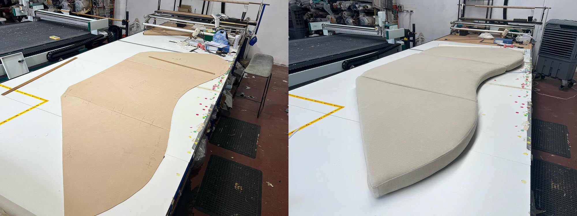 Replacement couch cushions being manufactured, before and after.