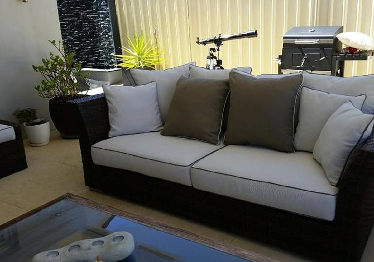 Grey and brown patio cushion designs in Australian backyard.