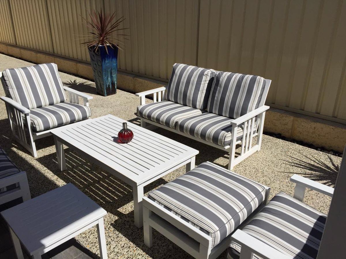 Durable patio cushions in unique stripe design in Australian backyard.